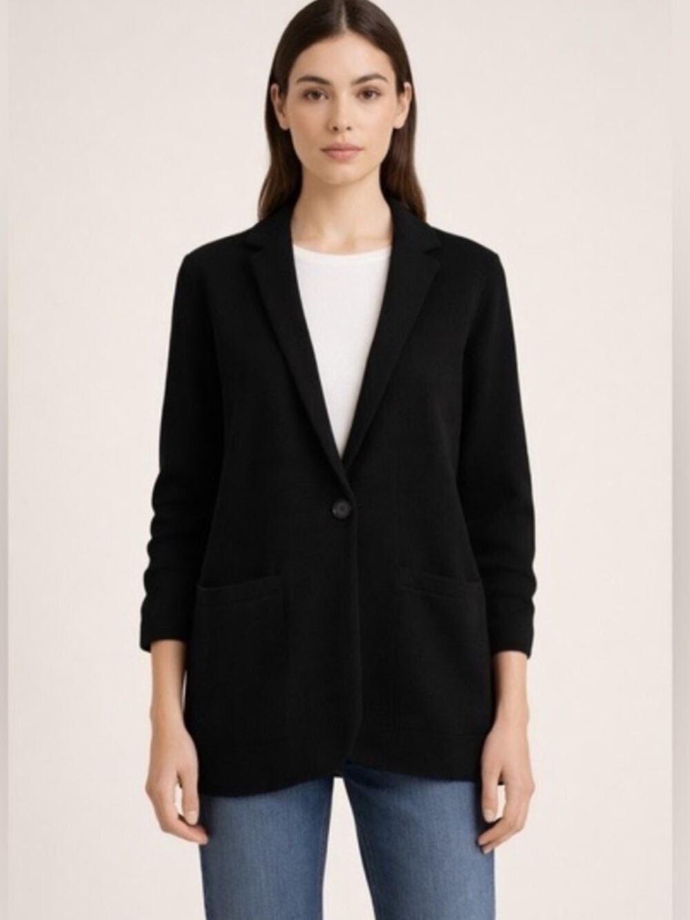 J Crew Cotton Merino Wool Cecile Relaxed Fit One Button Sweater Blazer XL Black